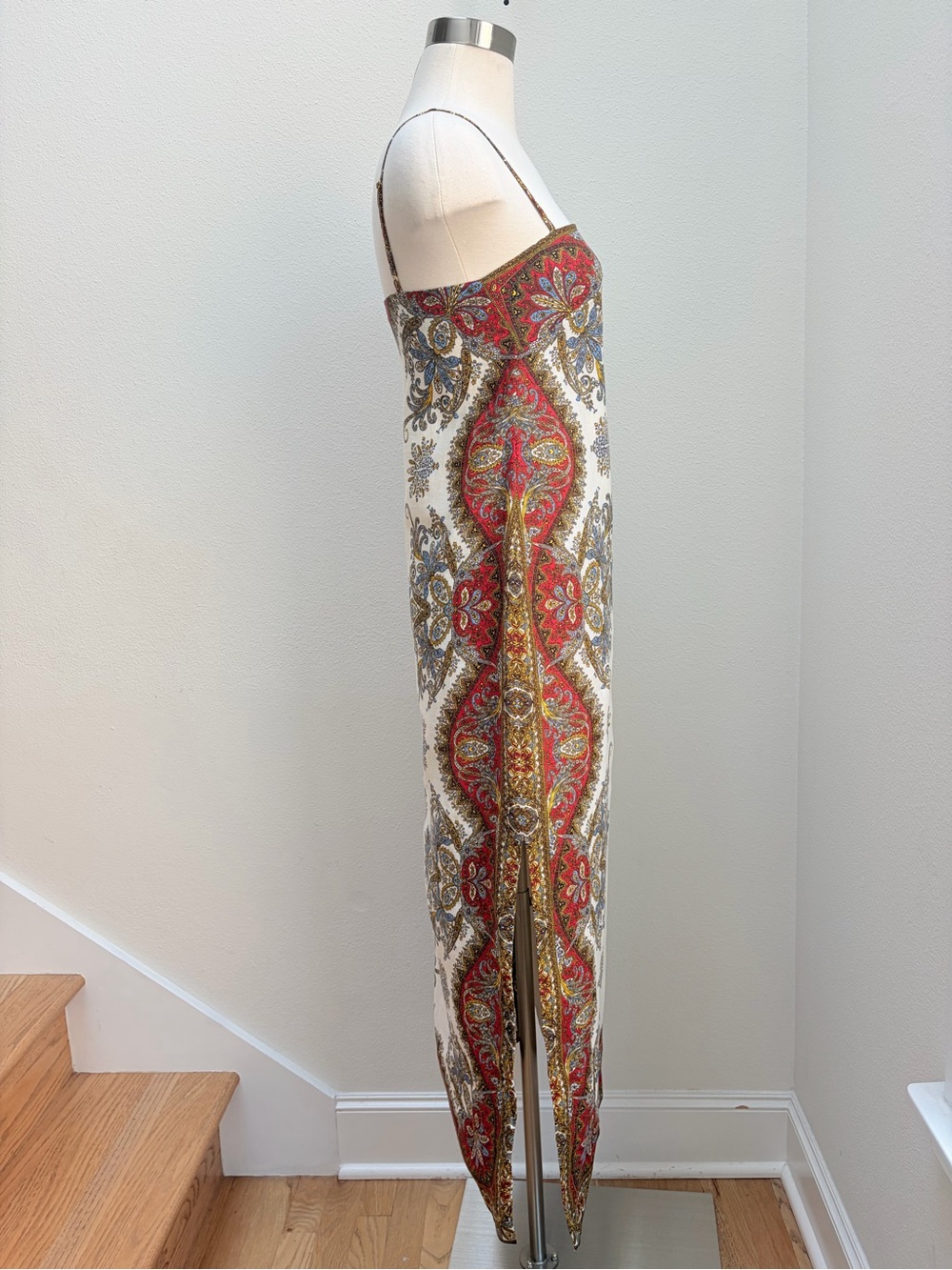 Veronica Beard Maxi Dress Petra Paisley Square Neck Slit Linen Red Blue Size Xs - Picture 6 of 12